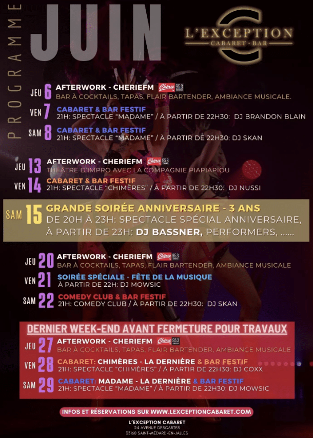 Programme de L'Exception Cabaret Bar : Dernières soirées avant fermeture pour travaux 4 programme L'Exception Cabaret Bar