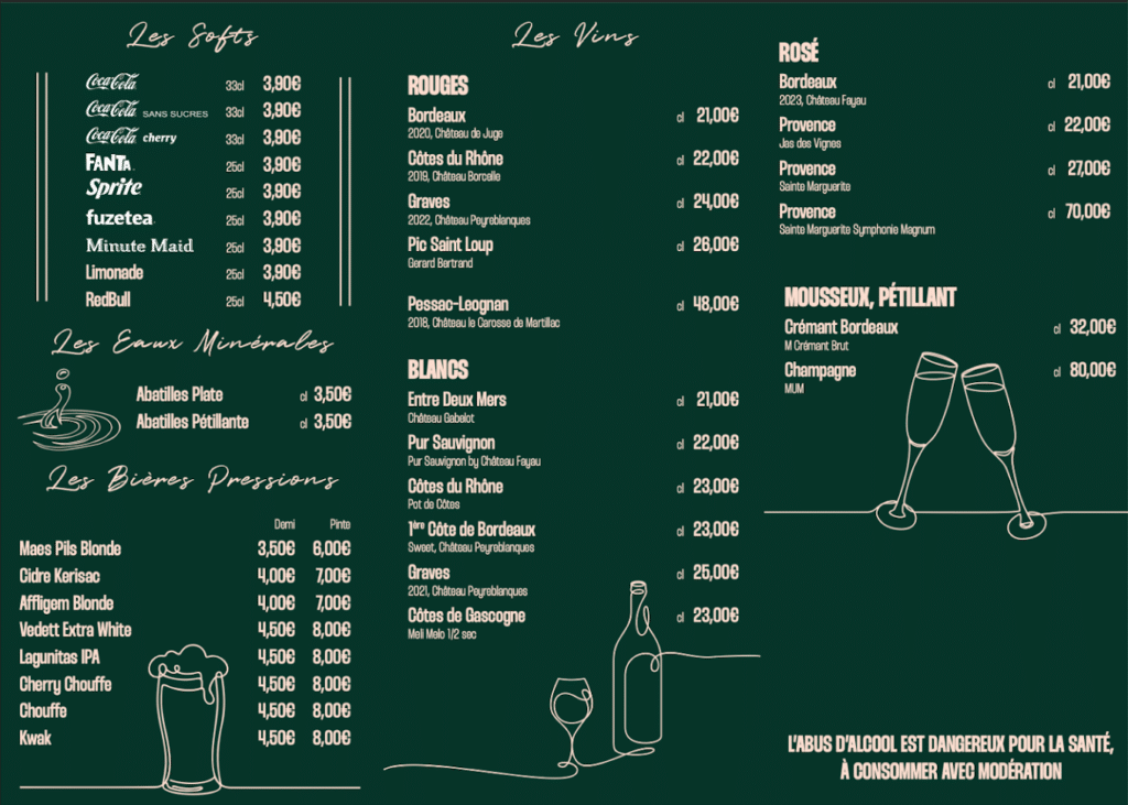 Carte des boissons