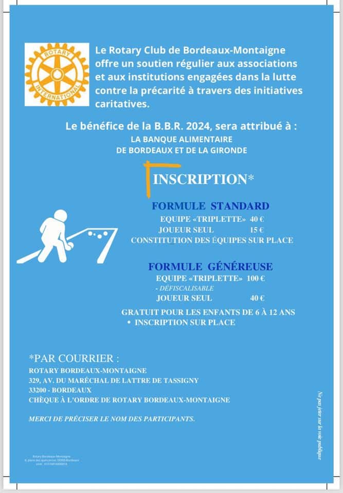 Tarifs et formalités concours pétanque du Rotary Club Bordeaux